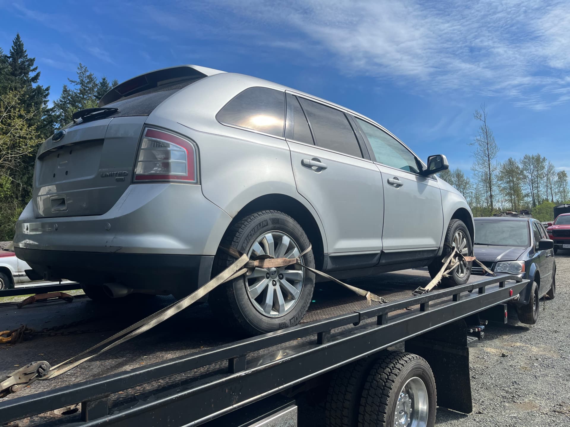 Silver Ford Edge loaded for scrap car removal Coquitlam and Port Coquitlam